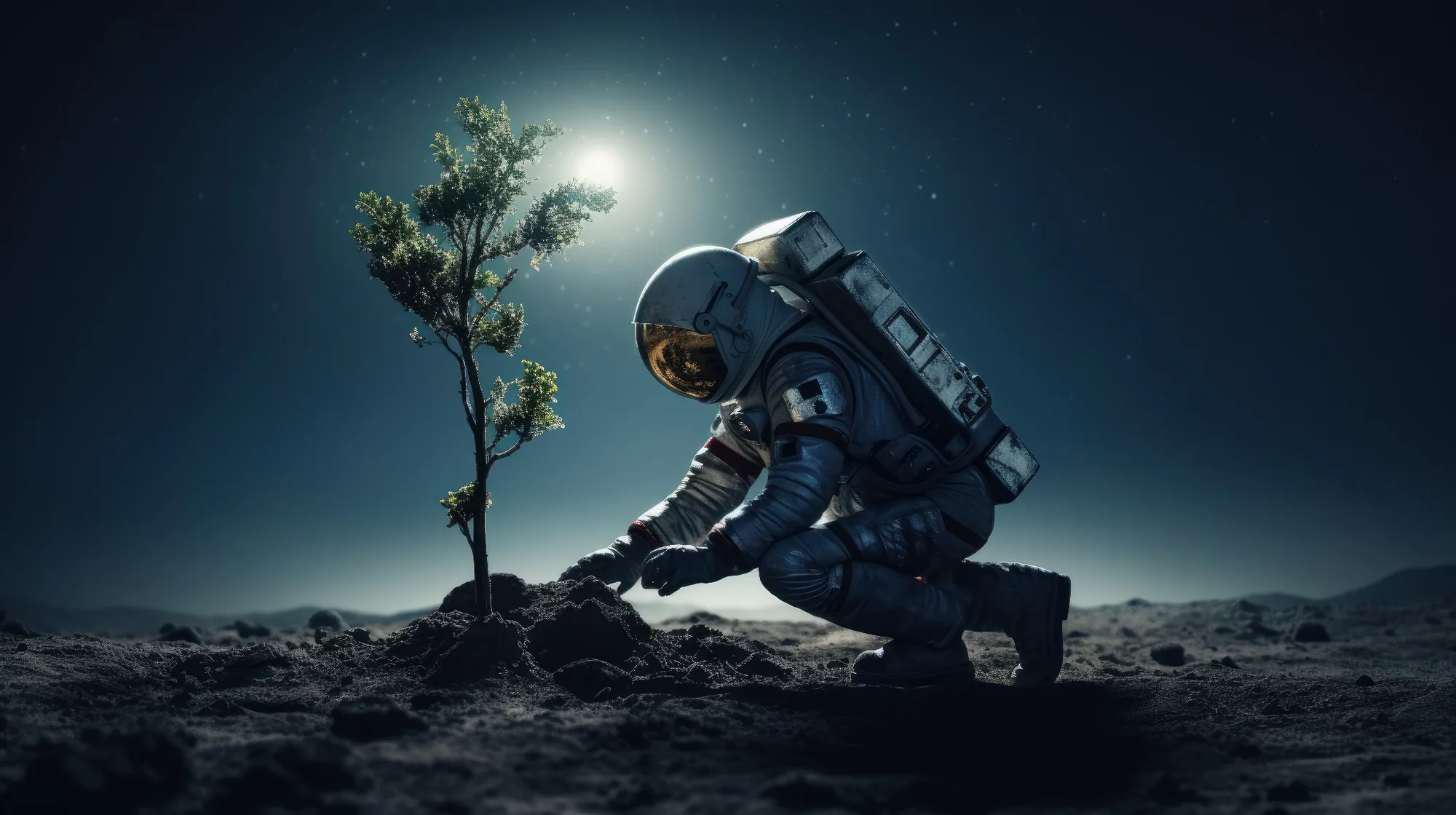 Astronaut planting a seed on the moon, symbolizing a strong digital beginning
