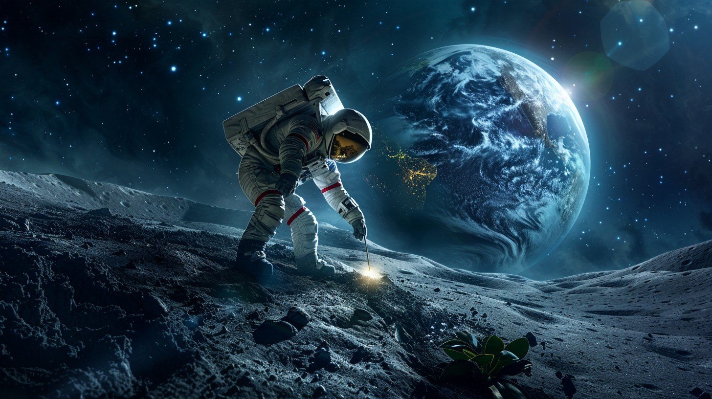 Astronaut planting a seed on the moon, symbolizing a strong digital beginning