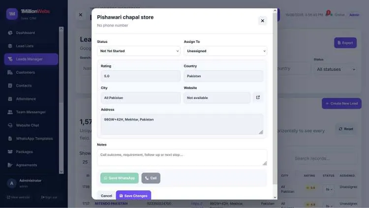 1MillionWebs CRM lead editing dialog