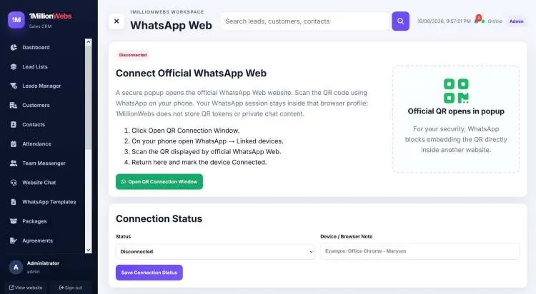 1MillionWebs CRM WhatsApp Web connection screen