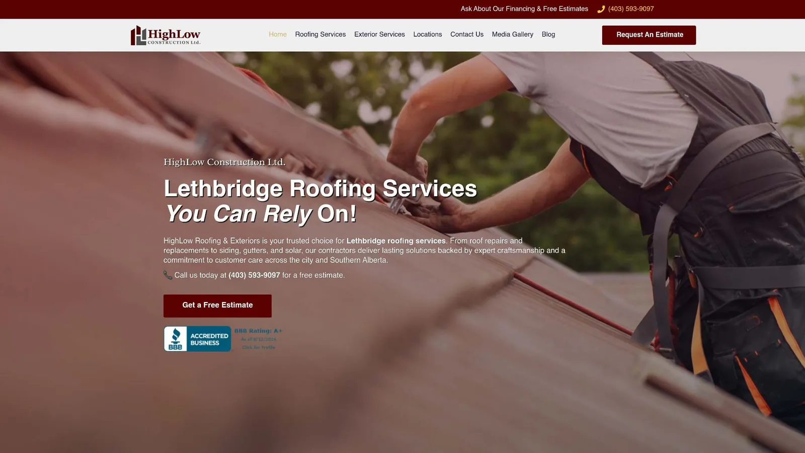 HighLow Construction website home page