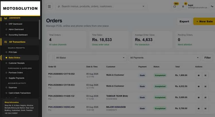 Moto Solution POS orders dashboard