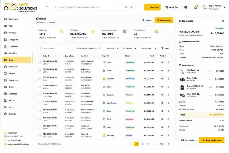 Moto Solution POS orders list with order details