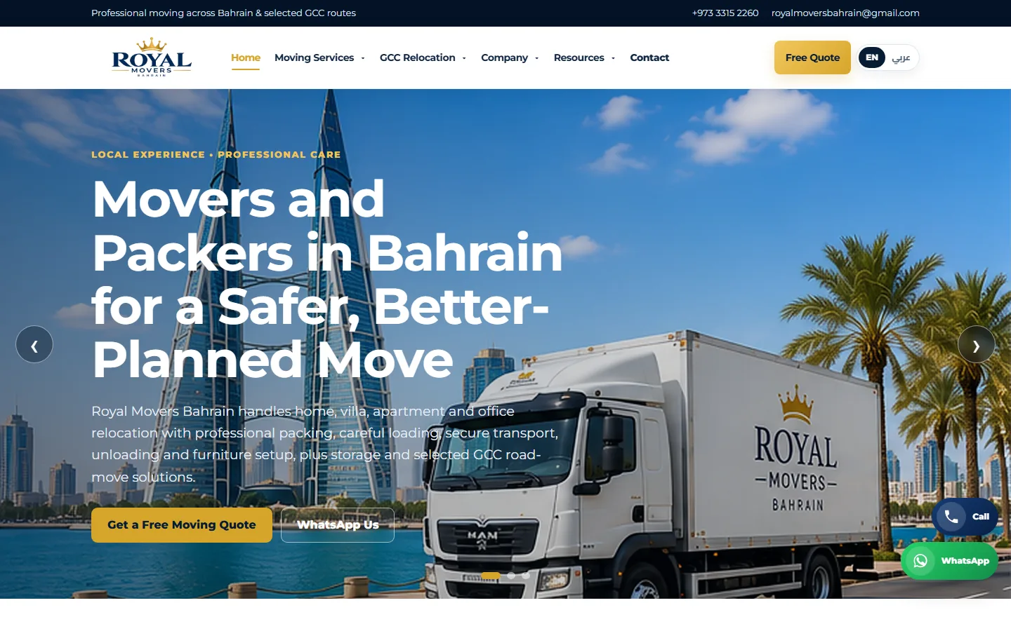 Royal Movers Bahrain website home page designed by 1MillionWebs