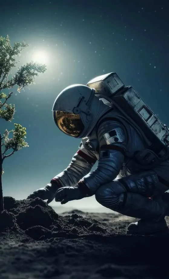 Astronaut planting a tree on the moon